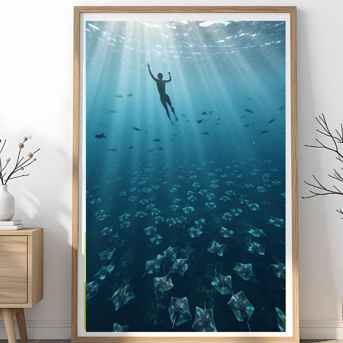 Underwater Stingray Wall Art Ocean Scuba Diver Print