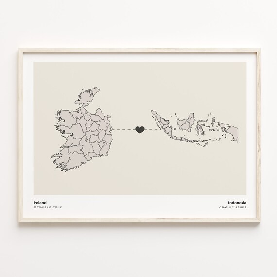 Ireland and Indonesia Couple Long Distance Love Heart Map Poster