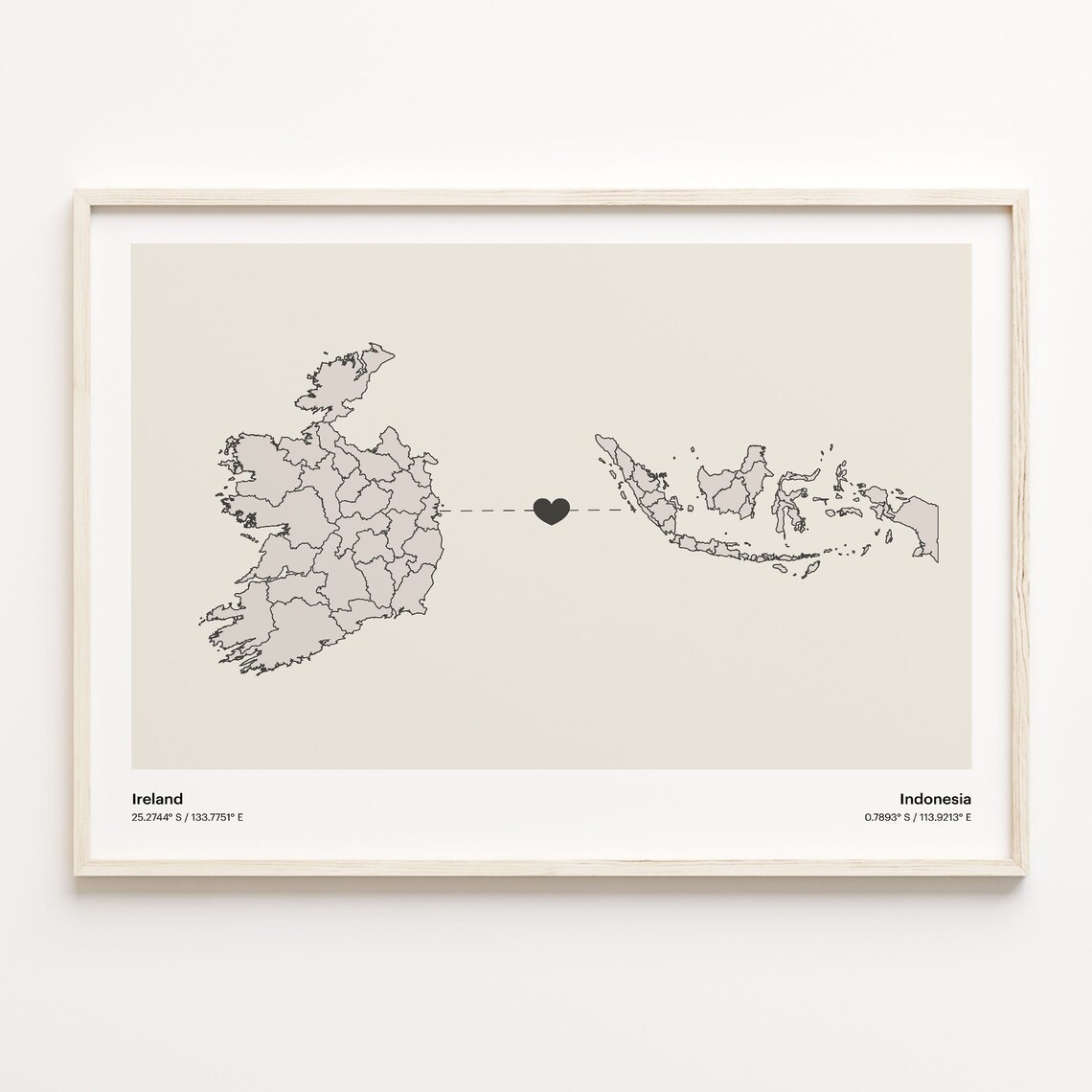 Ireland and Indonesia Couple Long Distance Love Heart Map Poster
