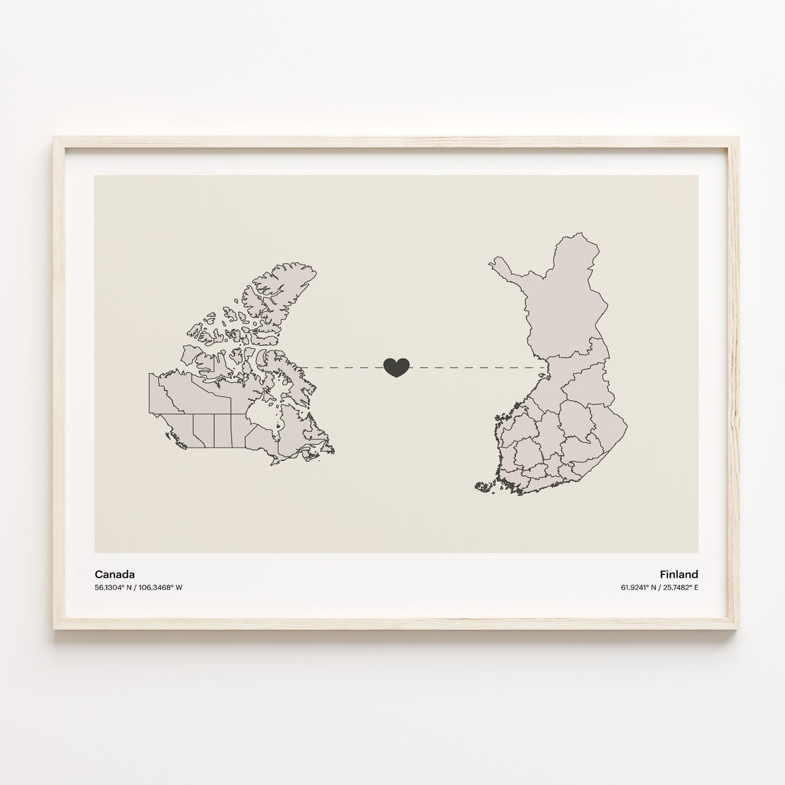 Canada To Finland Long Distance Love Minimalist Map Art Poster