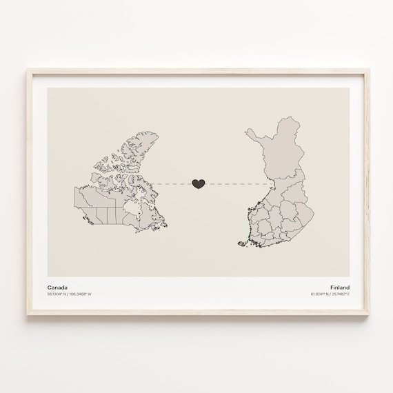 Canada To Finland Long Distance Love Minimalist Map Art Poster