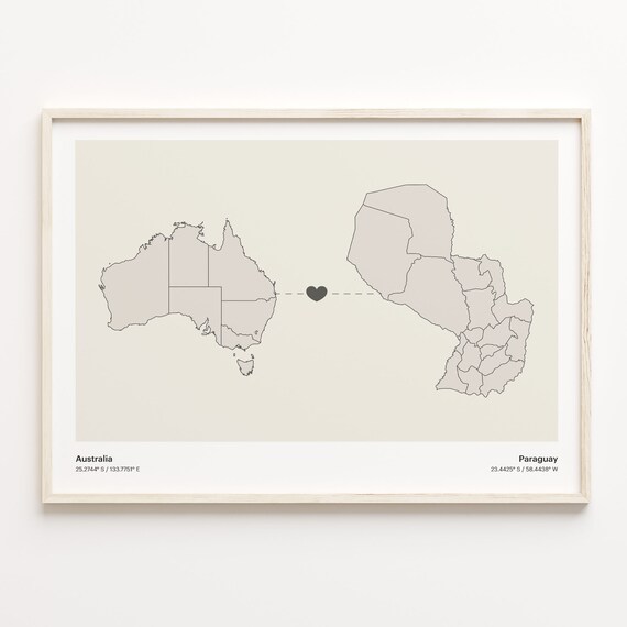 Australia To Paraguay Minimalist Map Heart Connection Gift Poster