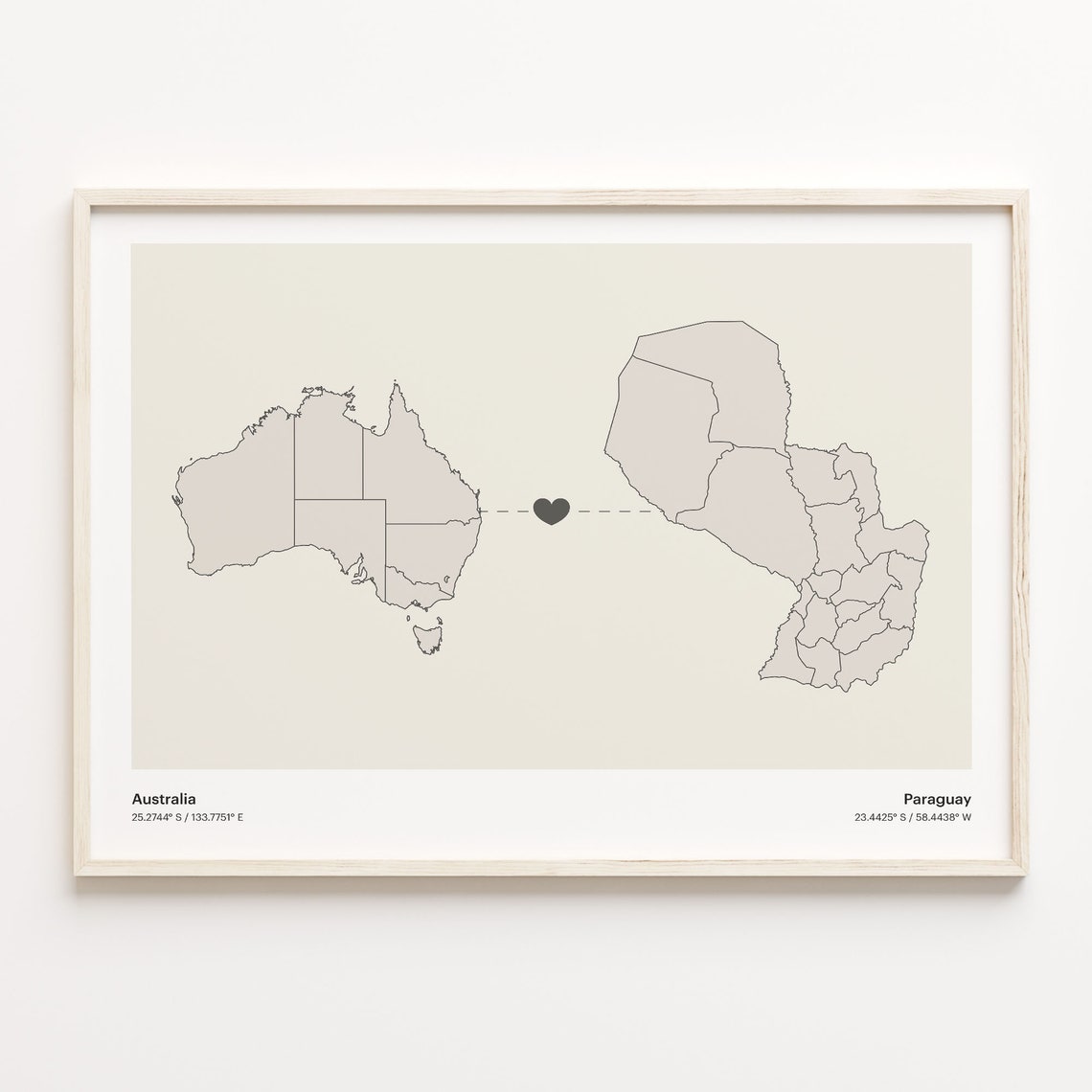 Australia To Paraguay Minimalist Map Heart Connection Gift Poster