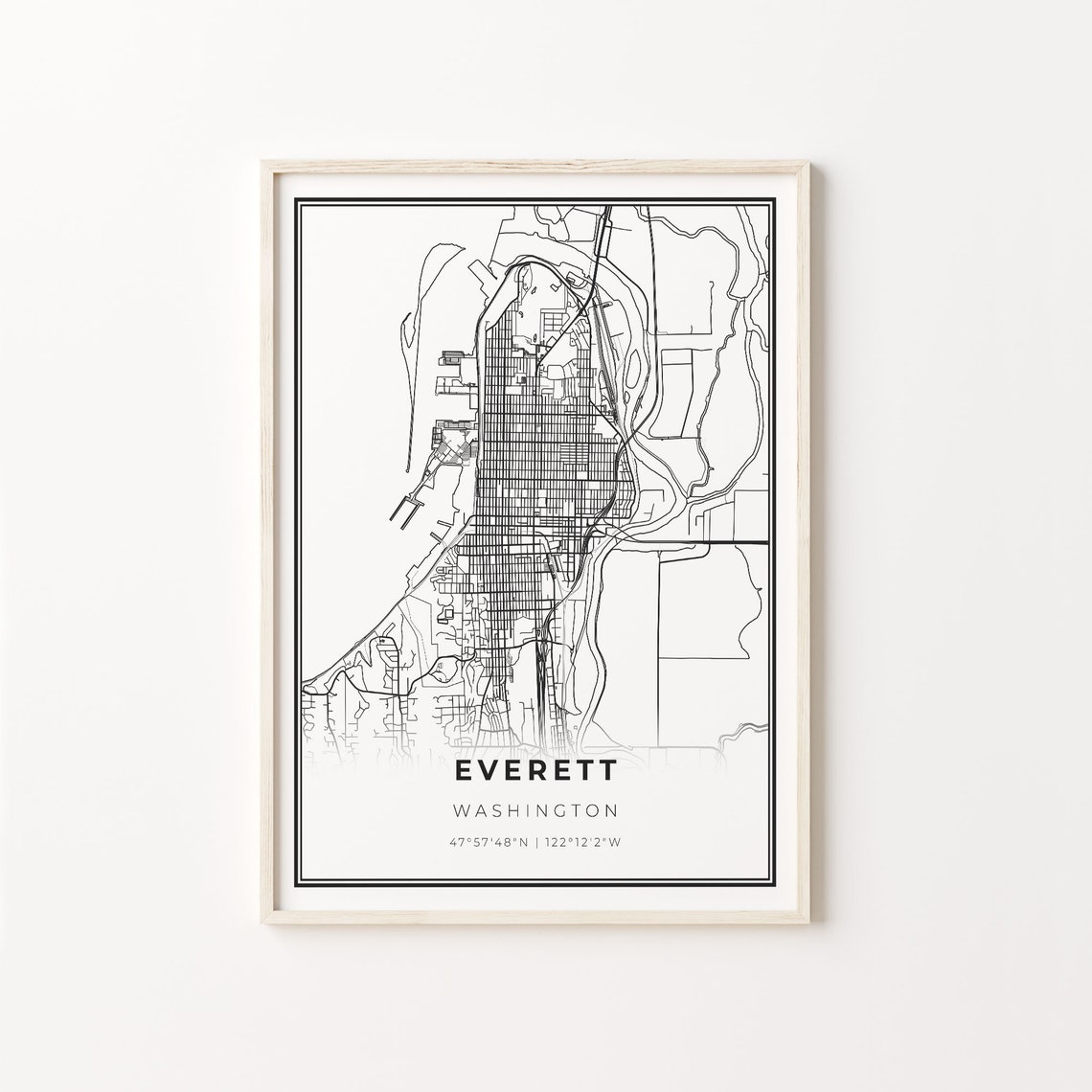 Everett Washington Minimalist Black And White City Map Art Poster