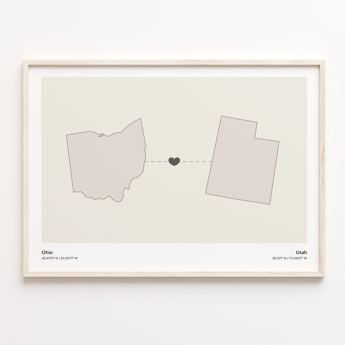 Ohio to Utah Heart Connection Map Minimalist Long Distance Gift Poster