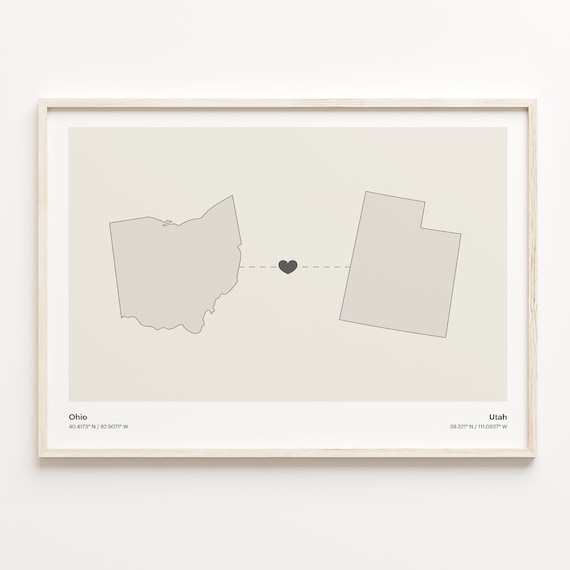 Ohio to Utah Heart Connection Map Minimalist Long Distance Gift Poster