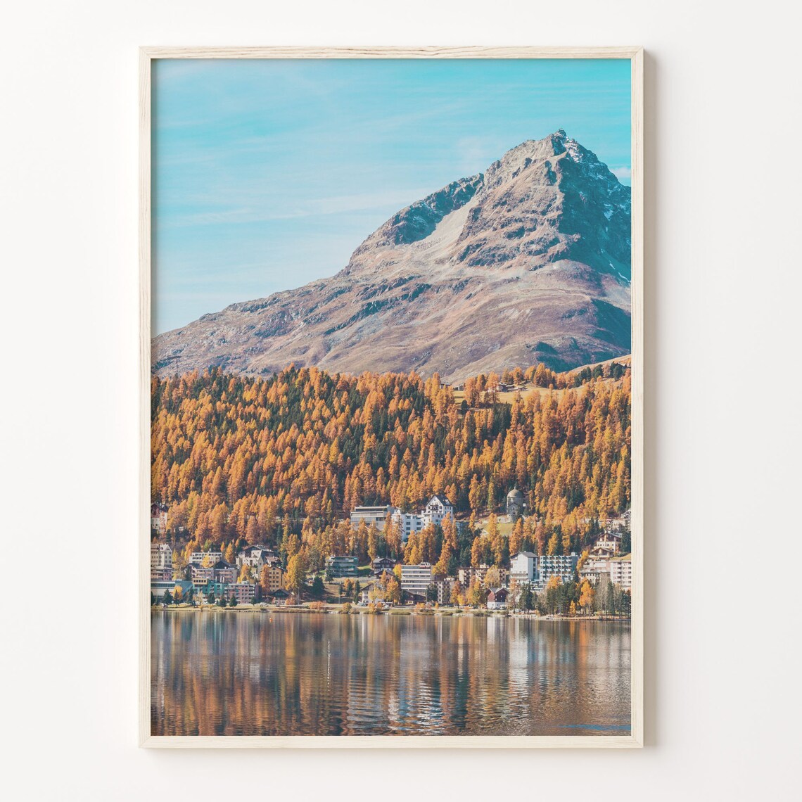 Alpine Lake Autumn Mountain Reflection Lakeside Town Photo Poster