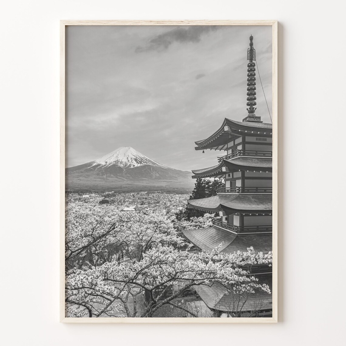 Japan Mount Fuji Pagoda Cherry Blossom Black And White Poster