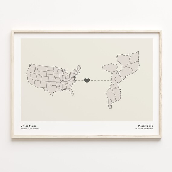 United States To Mozambique Minimalist Heart Map Connection Gift Poster