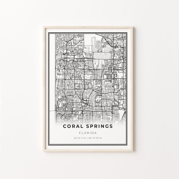 Coral Springs Print City Map Art Poster Florida Fl Usa Wall Decor Modern Black And White Style Office Gift Coworker C13349