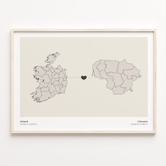 Ireland to Lithuania Connection Map Poster Heart Between Two Nations