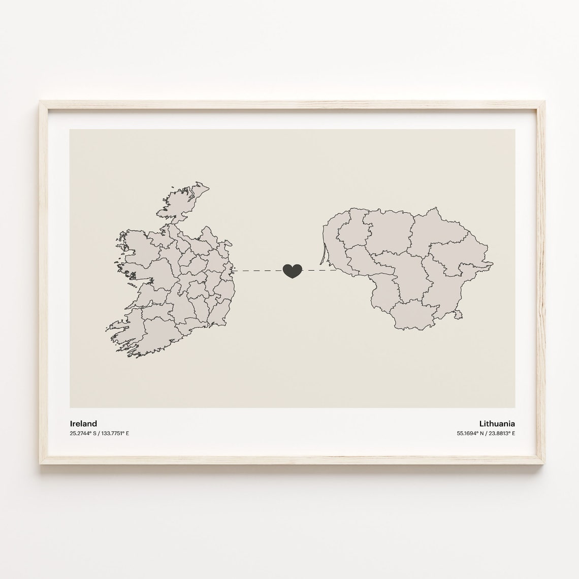 Ireland to Lithuania Connection Map Poster Heart Between Two Nations