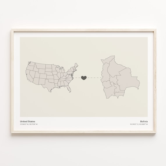 United States To Bolivia Minimalist Love Heart Connection Map Poster