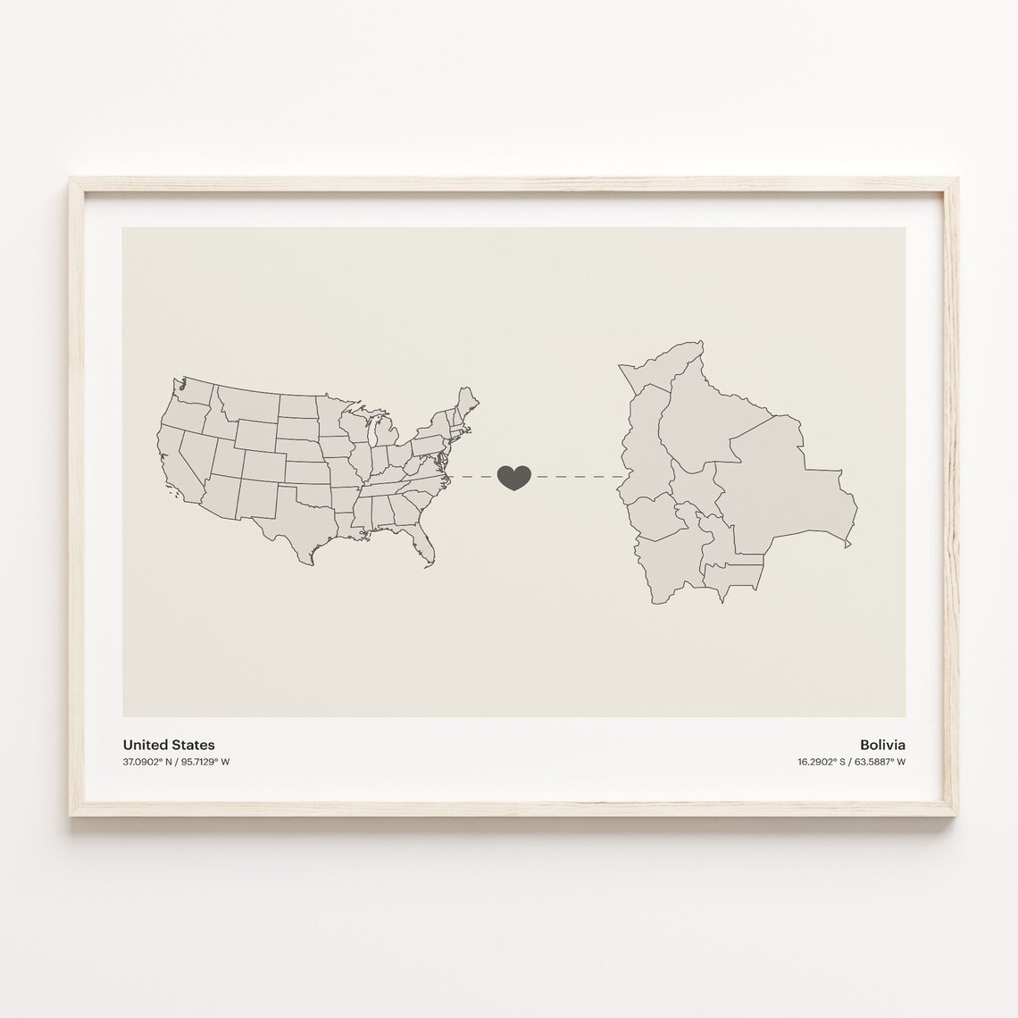 United States To Bolivia Minimalist Love Heart Connection Map Poster
