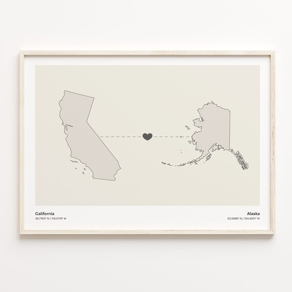 California Alaska Long Distance Love Heart Minimalist Map Poster