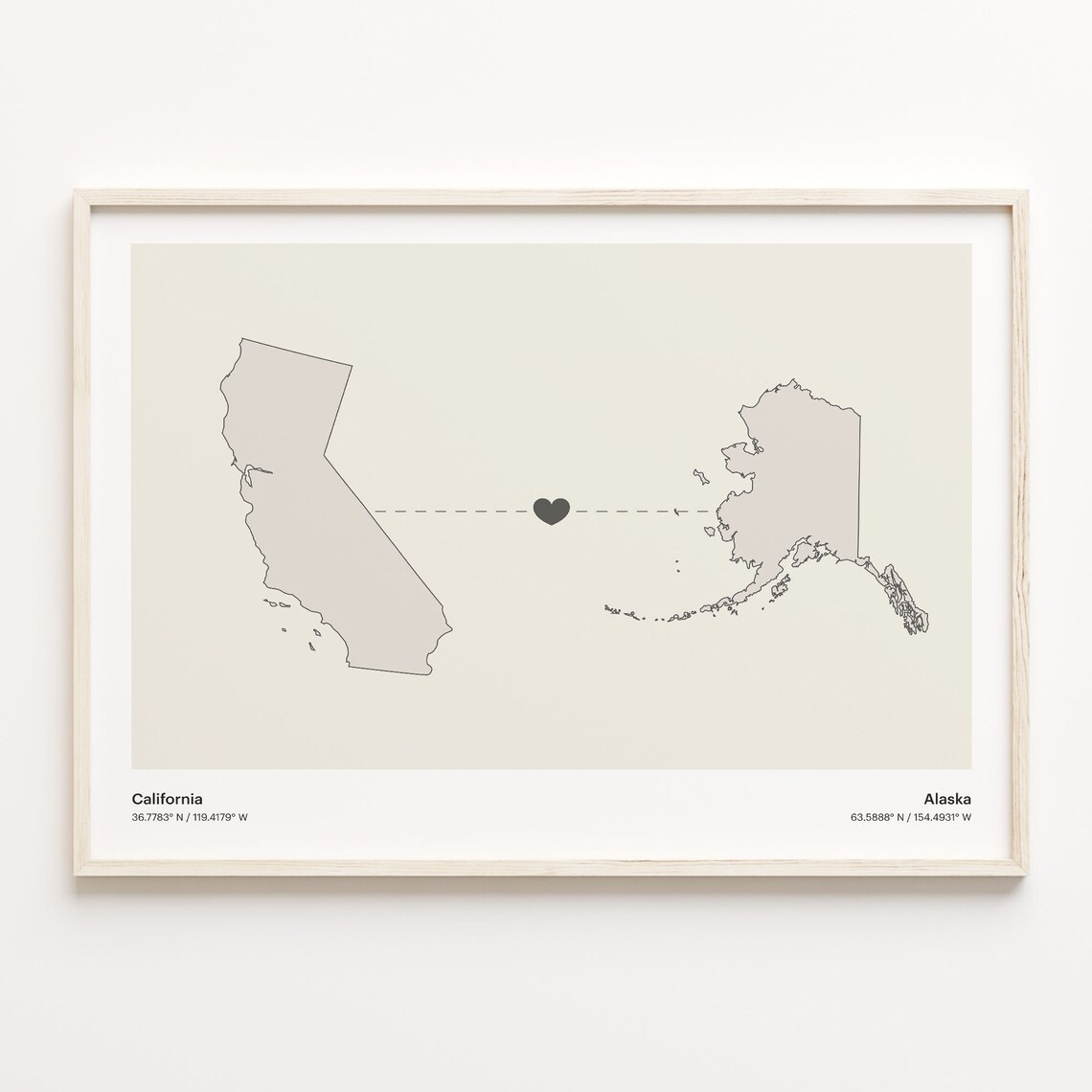 California Alaska Long Distance Love Heart Minimalist Map Poster