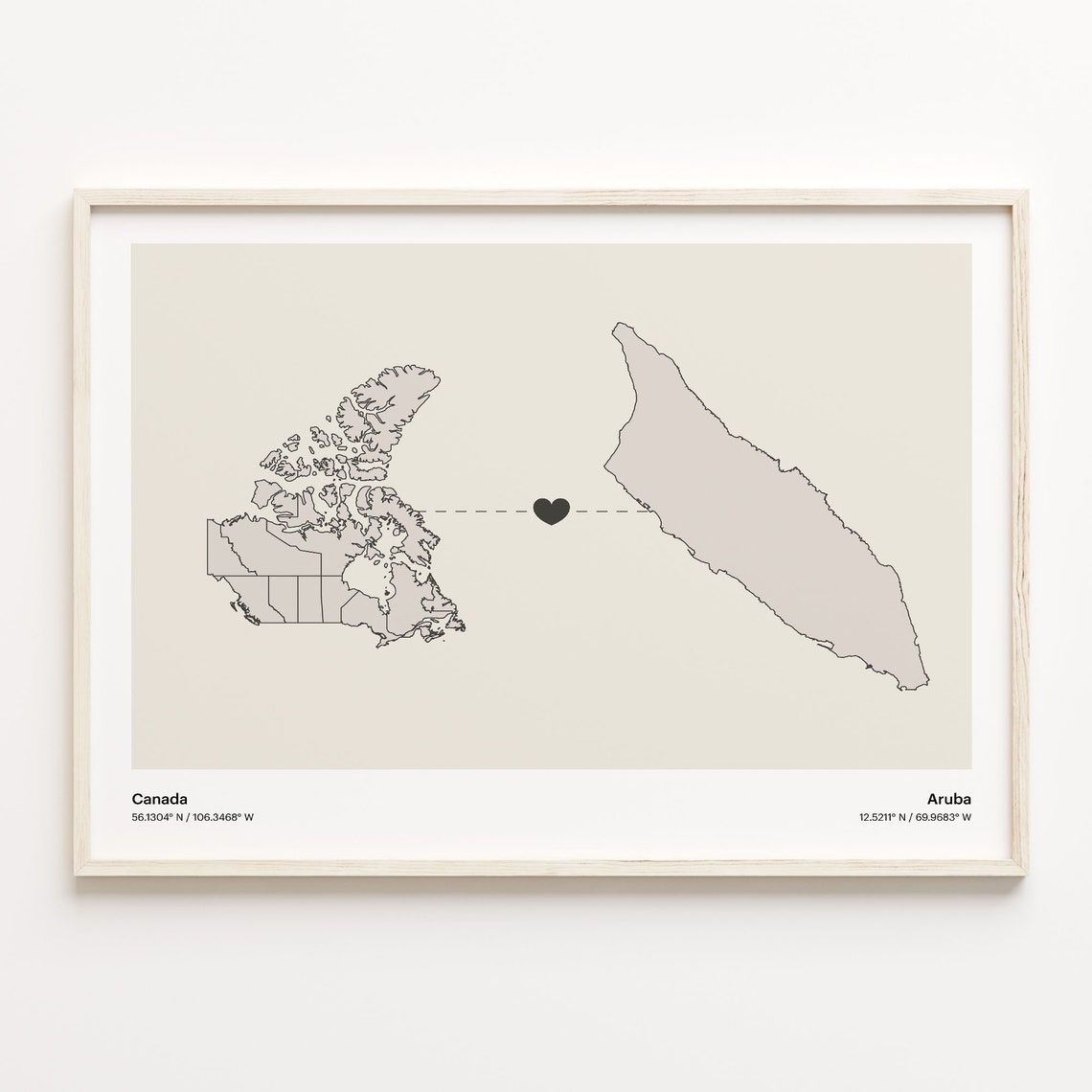 Canada To Aruba Long Distance Love Minimalist Map Art Poster