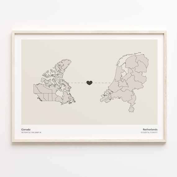 Canada Netherlands Long Distance Heart Connection Map Poster
