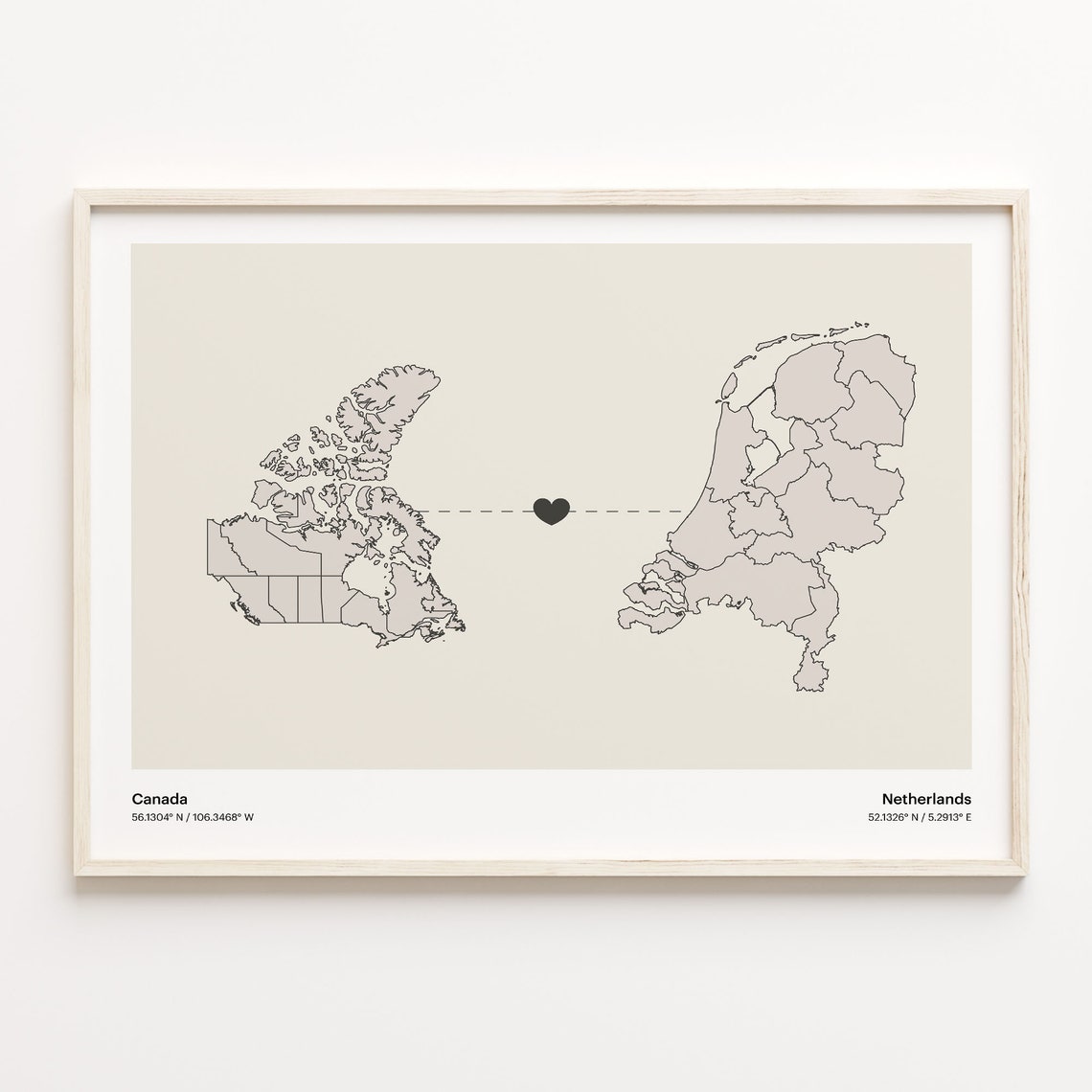 Canada Netherlands Long Distance Heart Connection Map Poster