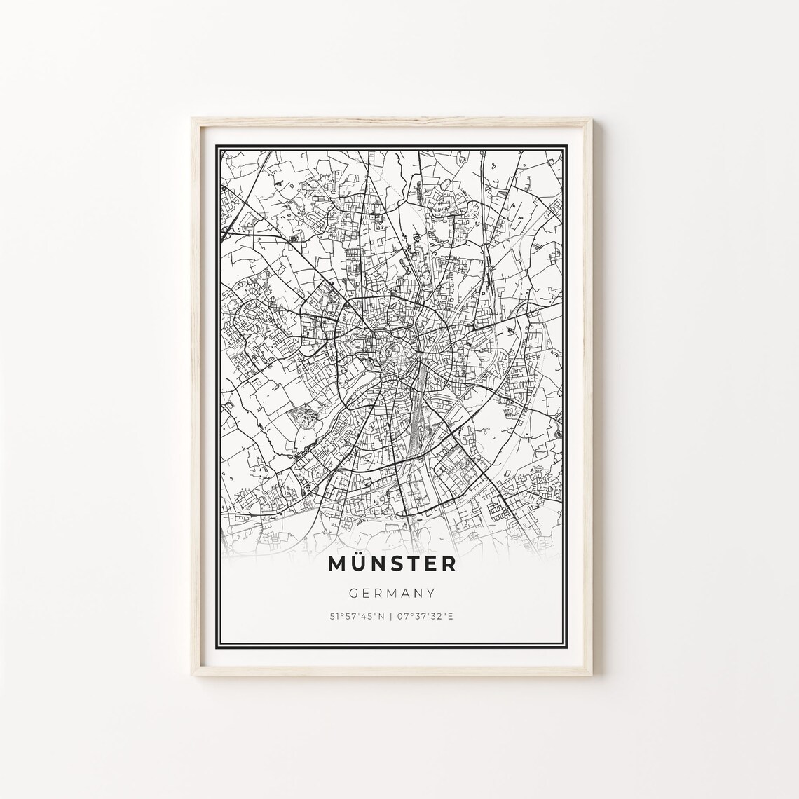 Munster Germany City Map Black White Street Line Art Minimal Travel Poster