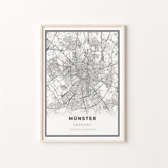 Munster Germany City Map Black White Street Line Art Minimal Travel Poster