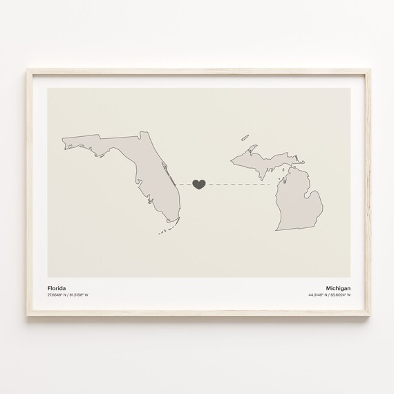 Florida to Michigan Heart Connection Map Long Distance Gift Poster