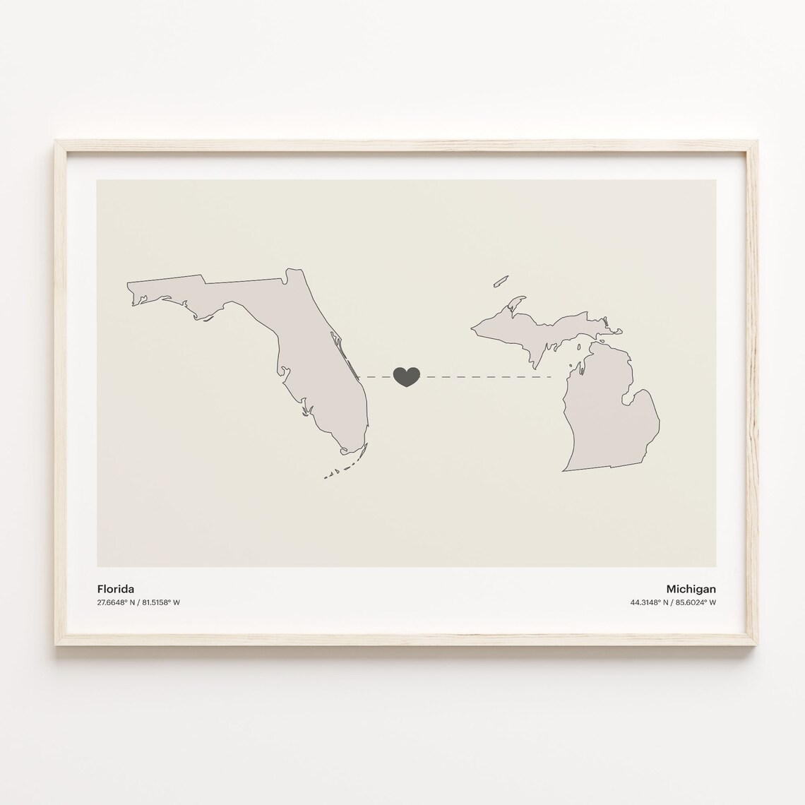 Florida to Michigan Heart Connection Map Long Distance Gift Poster