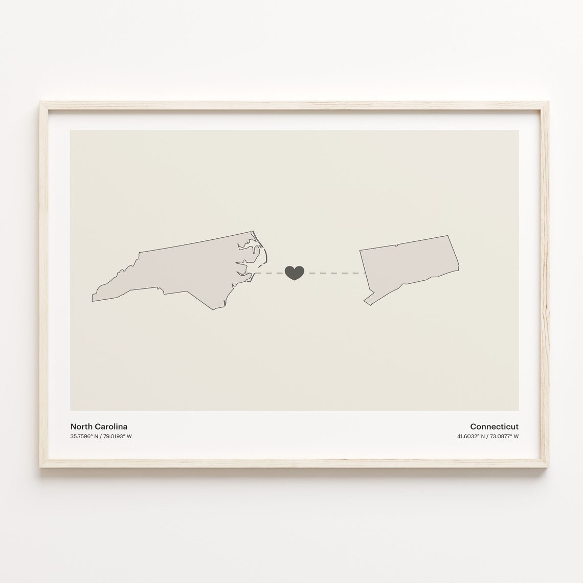 North Carolina To Connecticut Heart Connection Beige Map Poster