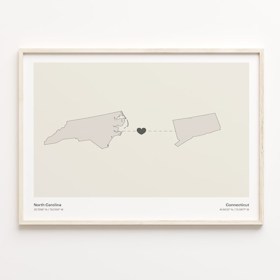 North Carolina To Connecticut Heart Connection Beige Map Poster