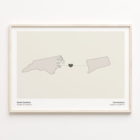 North Carolina To Connecticut Print Connecticuter Gift Minimalistic Map Poster Travel Wall Art Faraway Love C211617