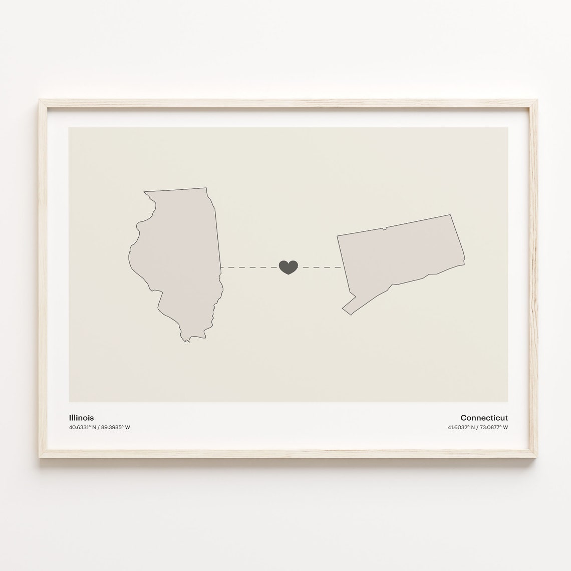 Illinois to Connecticut Long Distance Love Heart Connection Map Poster
