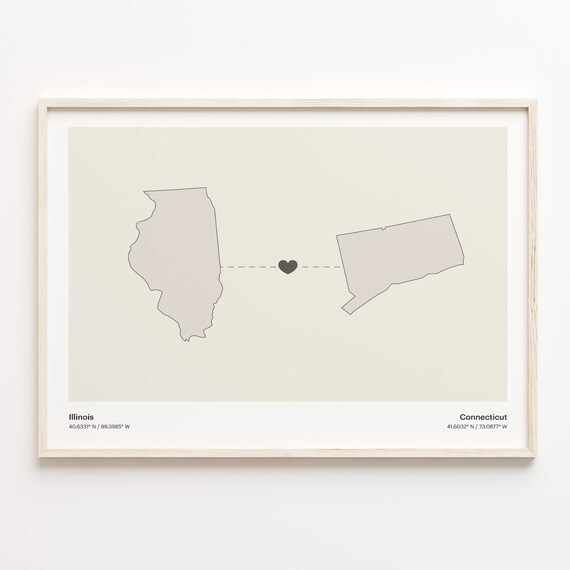 Illinois to Connecticut Long Distance Love Heart Connection Map Poster
