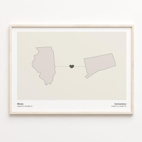 Illinois To Connecticut Print Connecticuter Gift Minimalistic State Connection Map Poster Travel Wall Art Live Abroad C211461