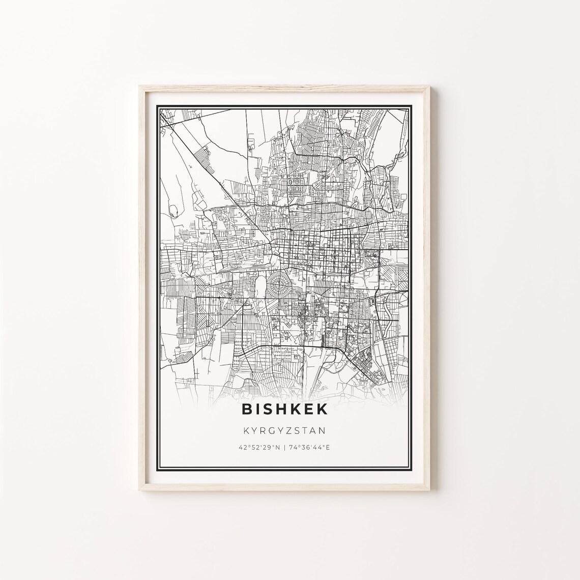 Bishkek City Map Poster, Modern Black and White
