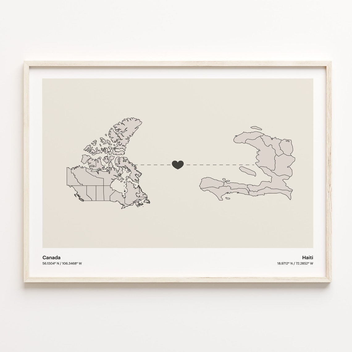 Canada To Haiti Heart Connection Minimalist Beige Map Poster