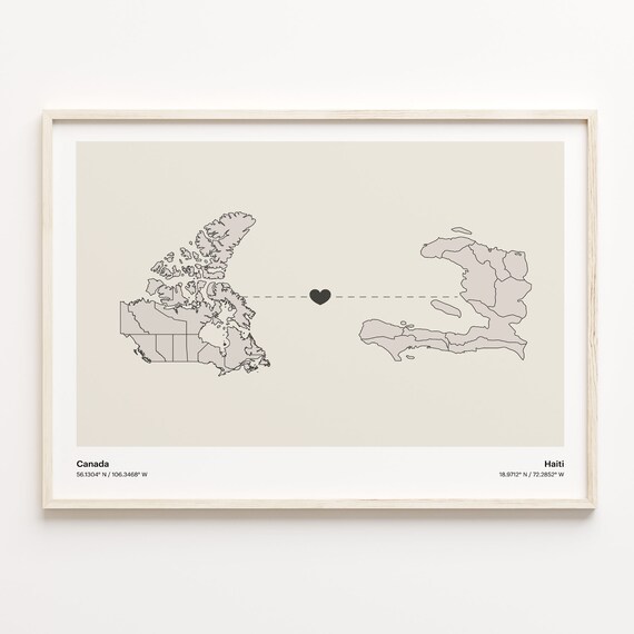 Canada To Haiti Heart Connection Minimalist Beige Map Poster