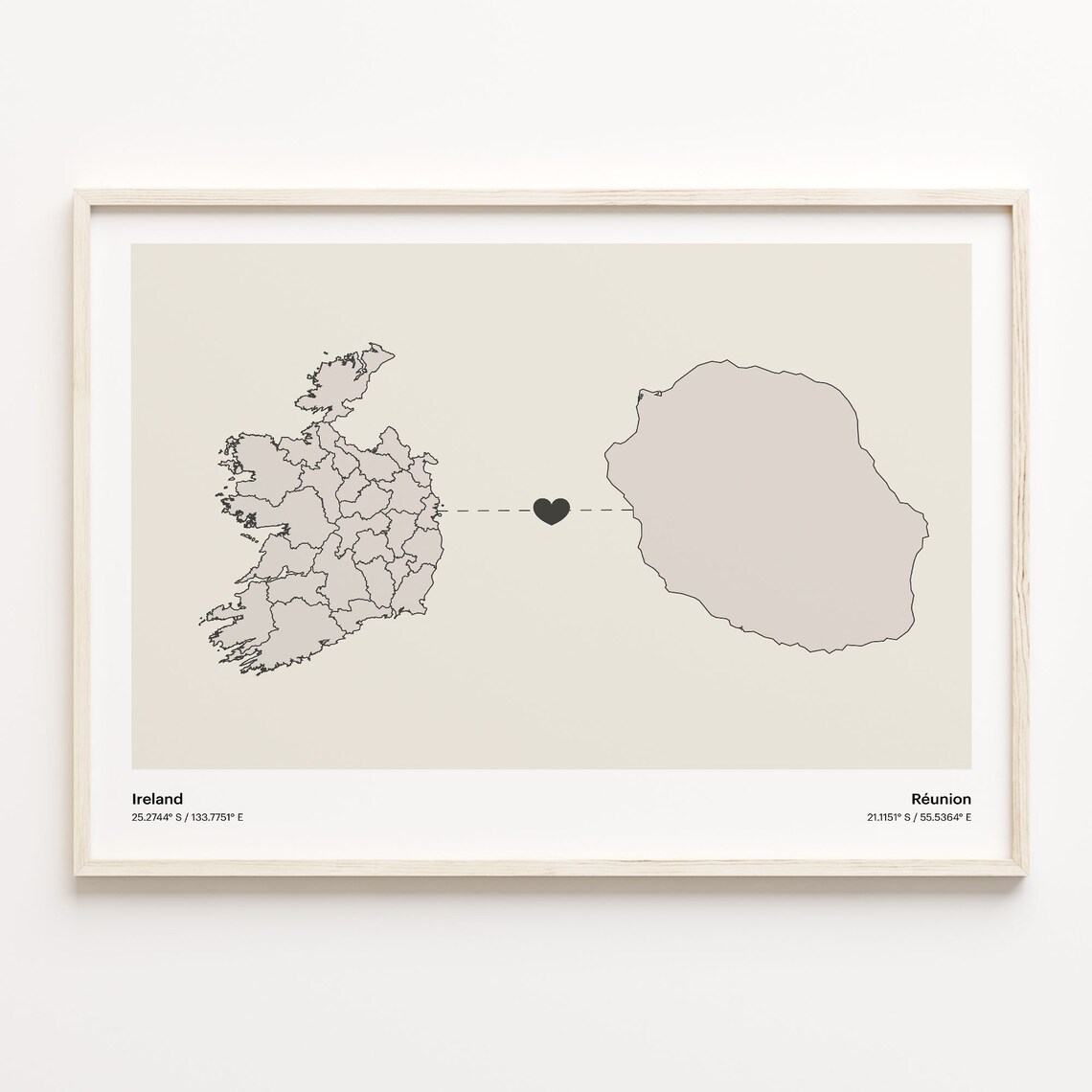 Ireland To Reunion Minimalist Heart Long Distance Connection Poster