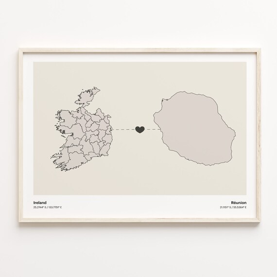Ireland To Reunion Minimalist Heart Long Distance Connection Poster