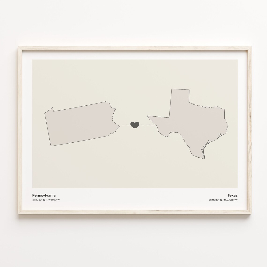 Pennsylvania To Texas Minimalist Heart Long Distance Connection Poster