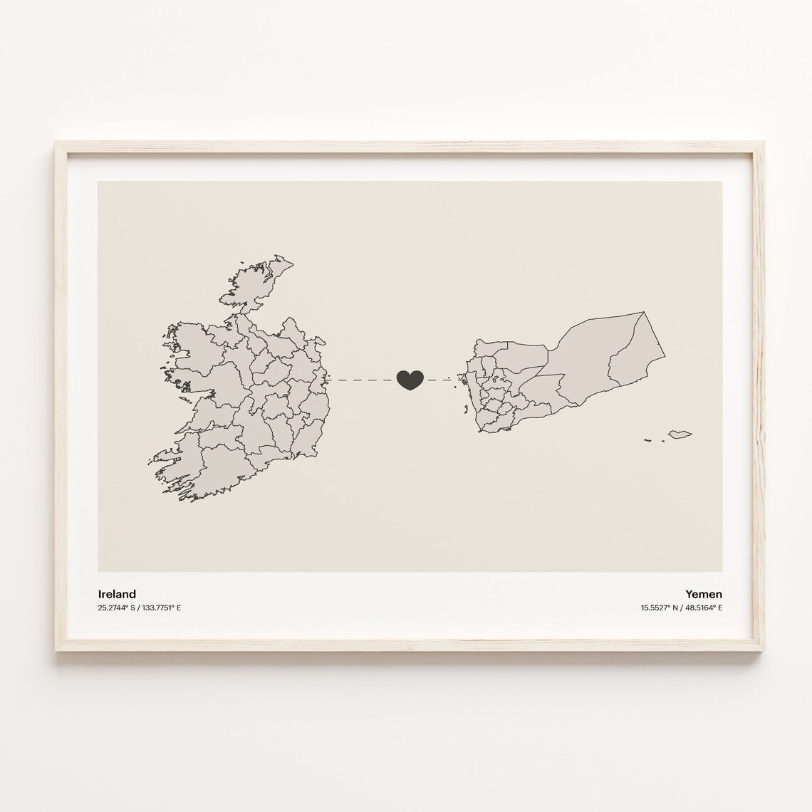 Ireland to Yemen Long Distance Heart Map Minimalist Connection Poster