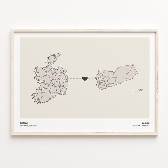 Ireland to Yemen Long Distance Heart Map Minimalist Connection Poster