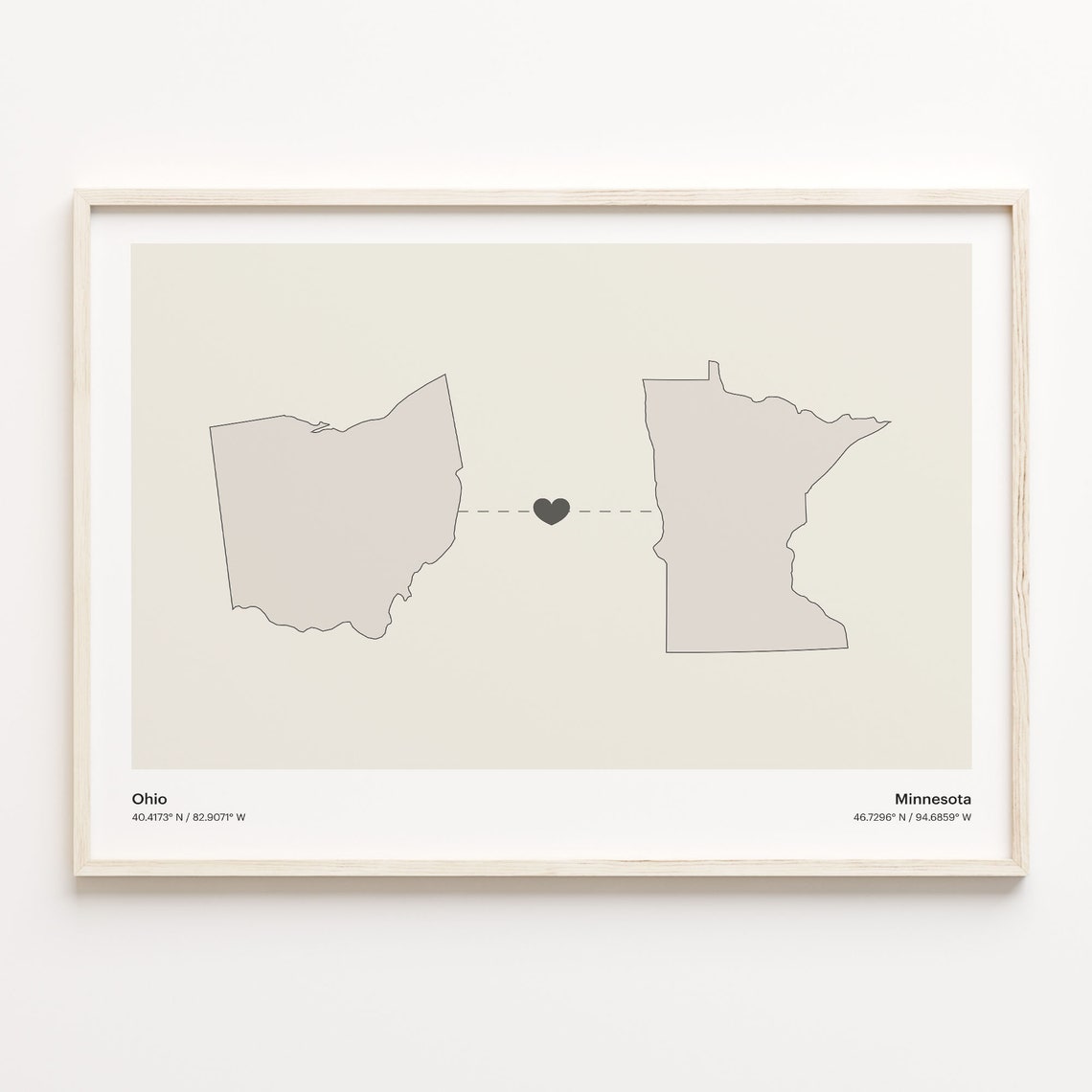 Ohio To Minnesota Heart Connection Minimalist Beige Map Poster