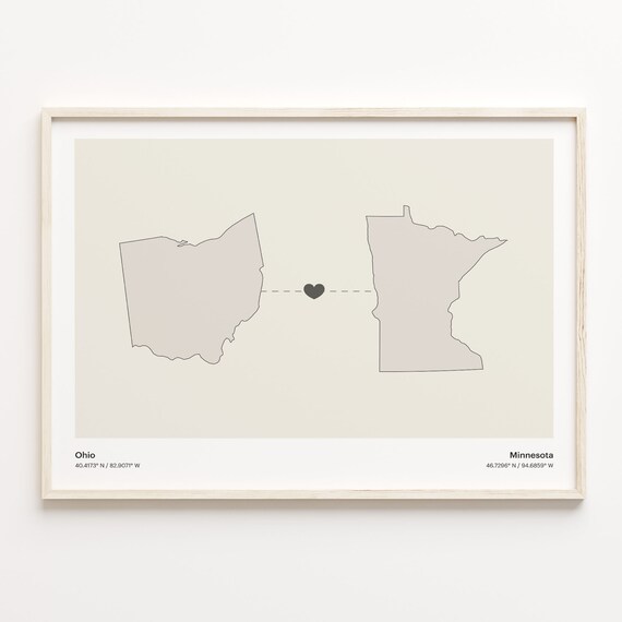 Ohio To Minnesota Heart Connection Minimalist Beige Map Poster