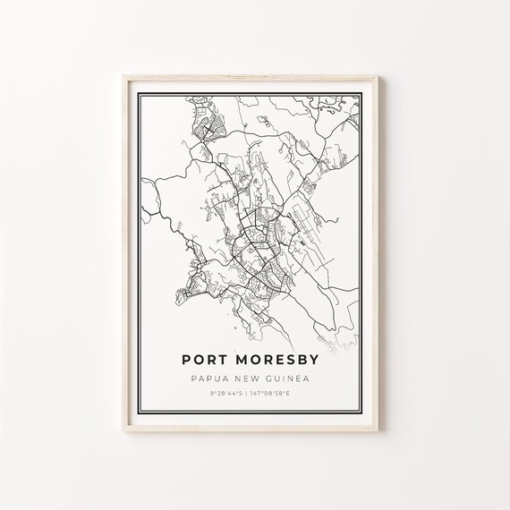 Port Moresby Papua New Guinea Minimalist Black and White City Street Map Poster
