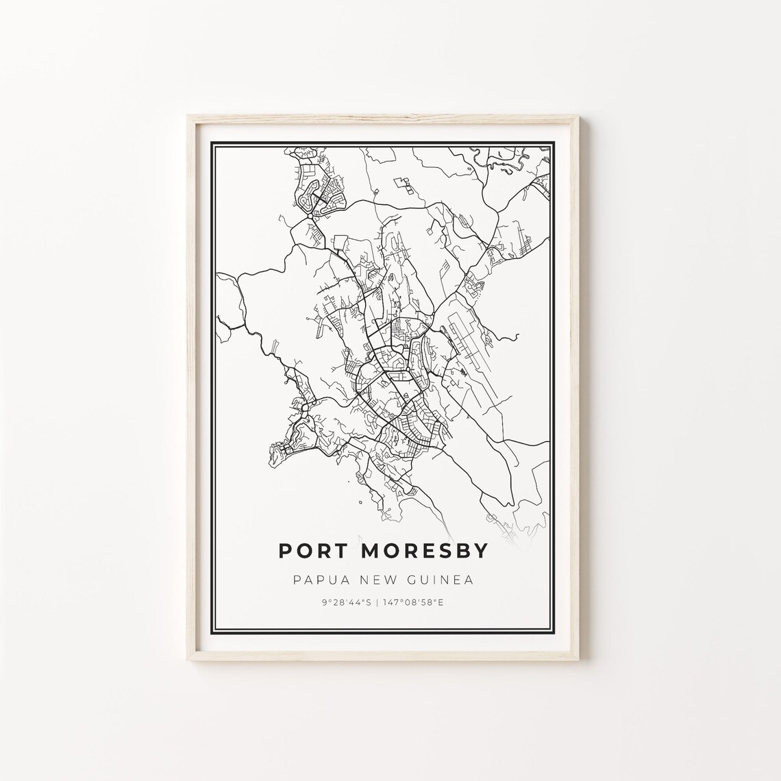 Port Moresby Papua New Guinea Minimalist Black and White City Street Map Poster