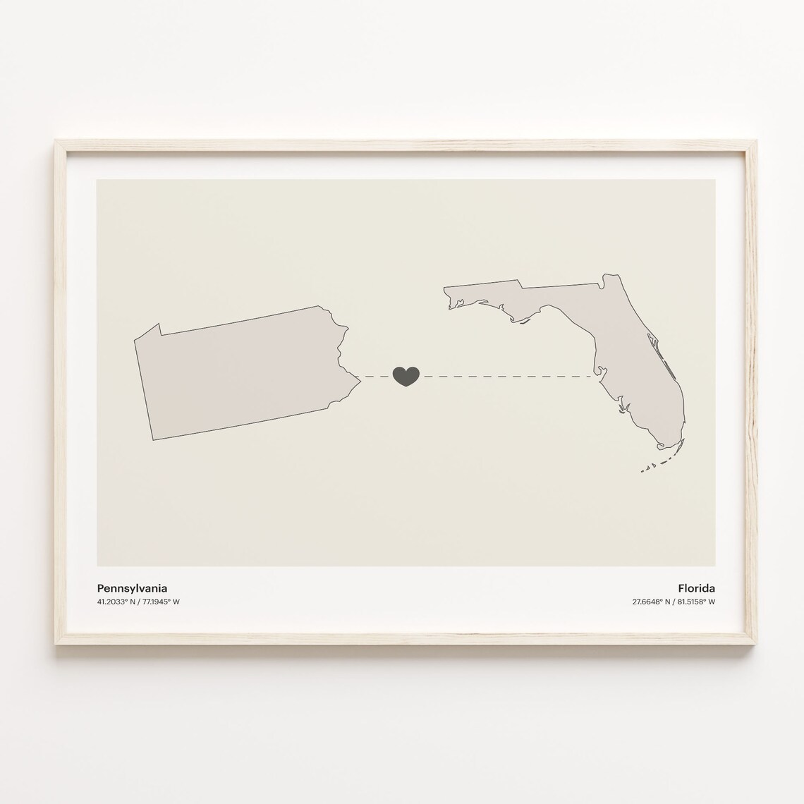 Pennsylvania to Florida Heartfelt Long Distance Connection Map Poster
