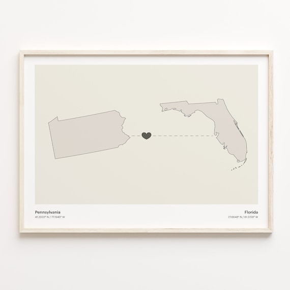 Pennsylvania to Florida Heartfelt Long Distance Connection Map Poster