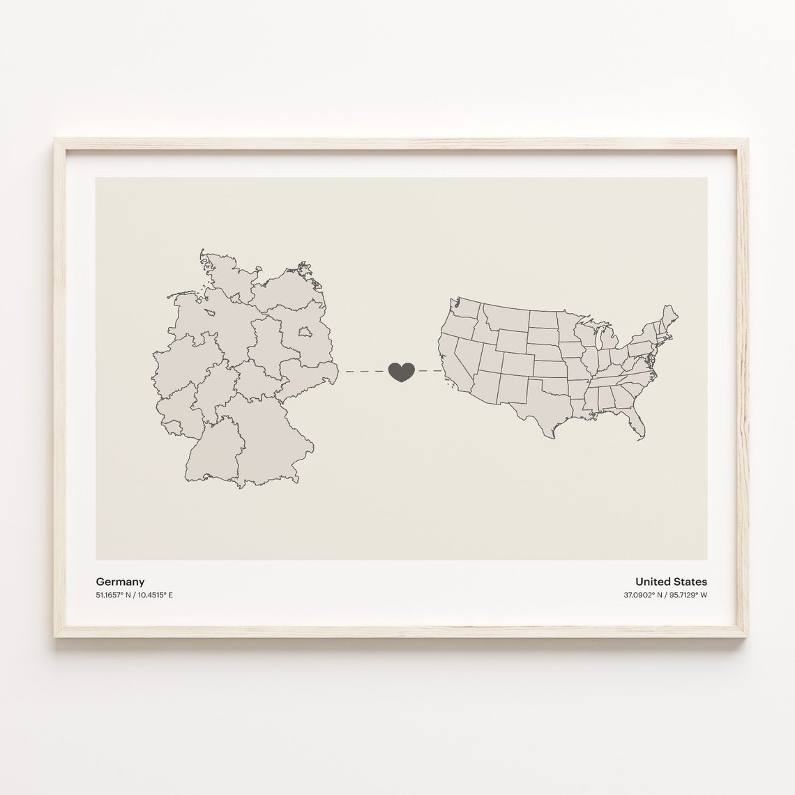 Germany To United States Heart Connection Minimalist Map Poster