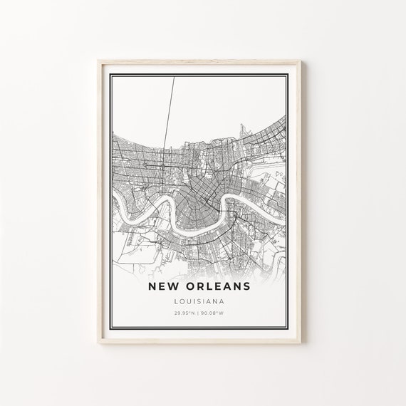 New Orleans City Map Art Print, Modern Black and White