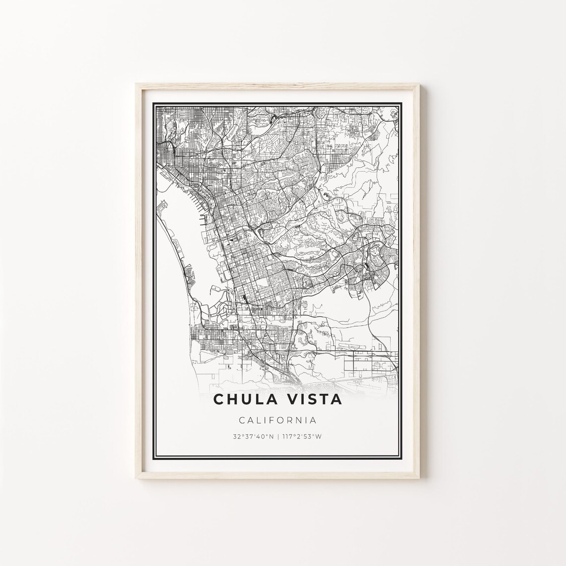 Chula Vista California Minimalist Modern Black And White City Map Poster